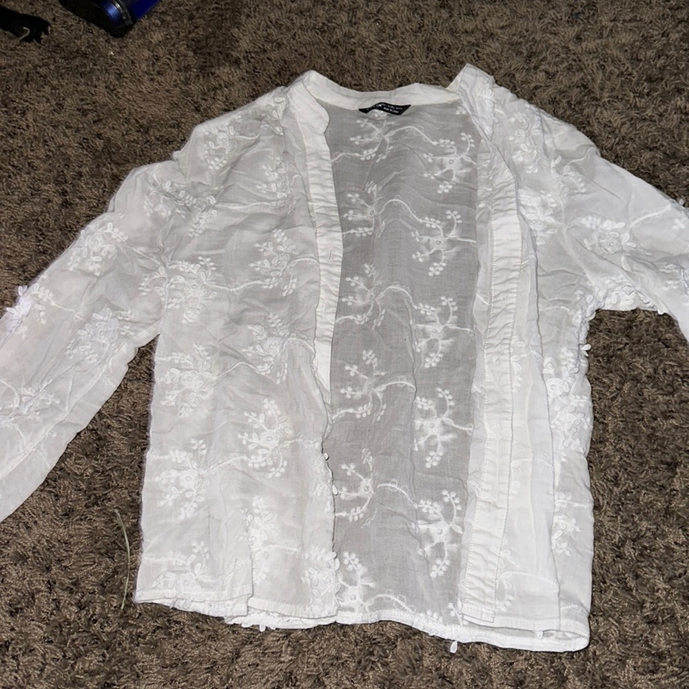 Sheer thin white floral embossed button up